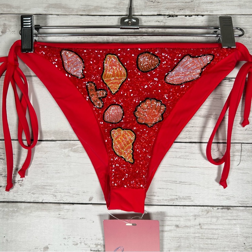 Anthropologie Oceanus Hand Beaded Seashell Bikini Bottoms Red XL NWT $150 - Picture 4 of 10